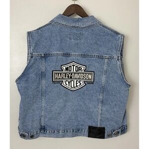 Vintage Harley Davidson Womens Blue Jean Vest Motorcycle Jacket‎ Size XL Patch